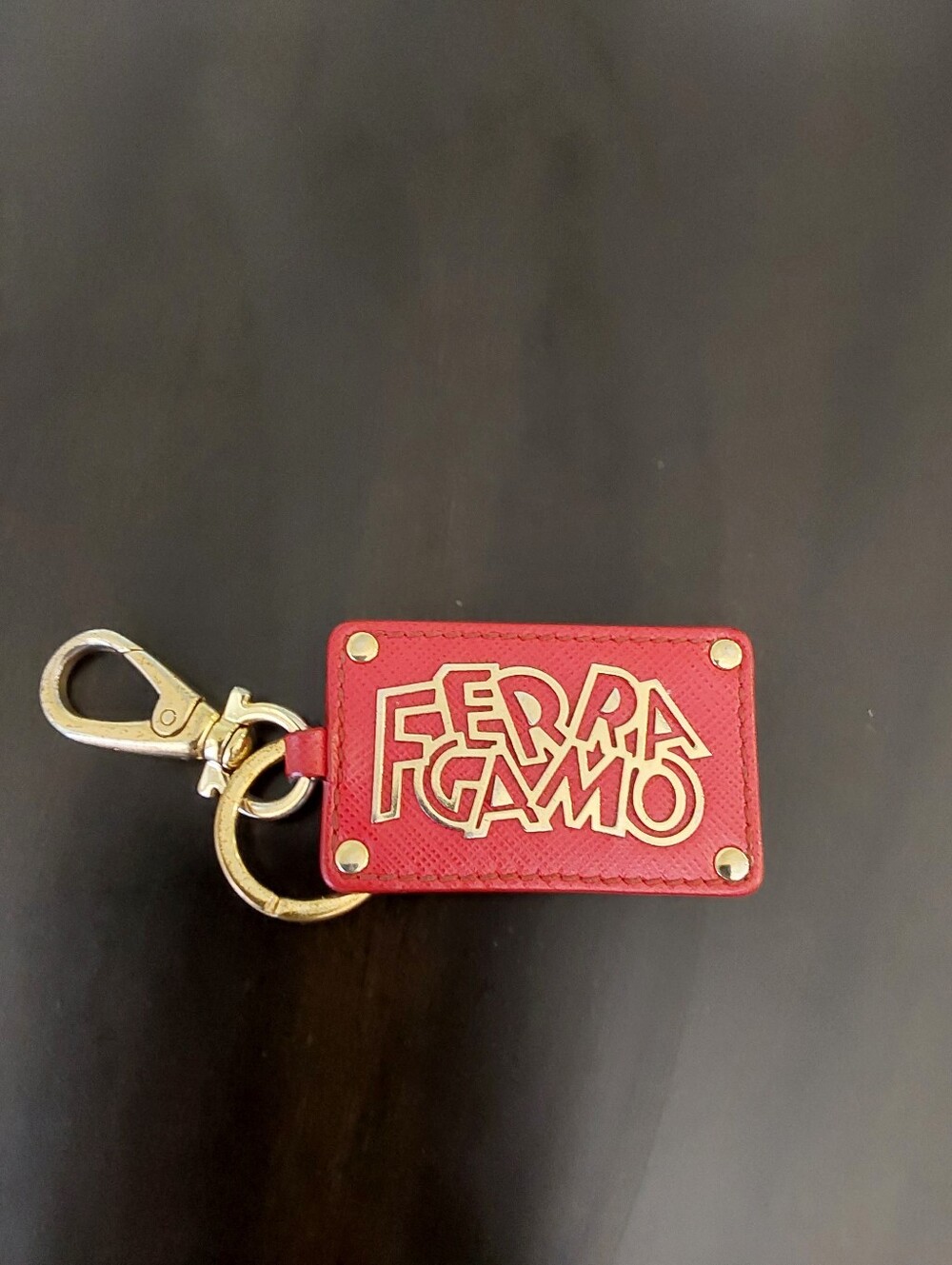 Salvatore Ferragamo red leather logo tag keyring with gold hardware